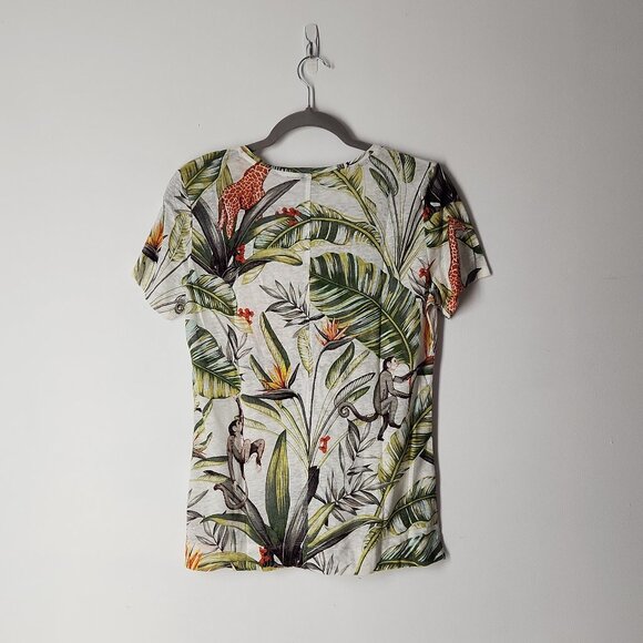 Ann Taylor linen tropical animal print t-shirt top featuring monkeys giraffes M - Picture 2 of 10